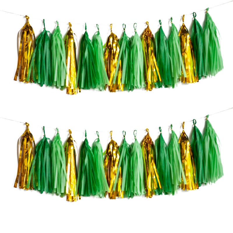 Capesaro Green and Gold Tassel Garland,Tissue Tassel Banner for Party Decorations,Pack of 15 - Image 1